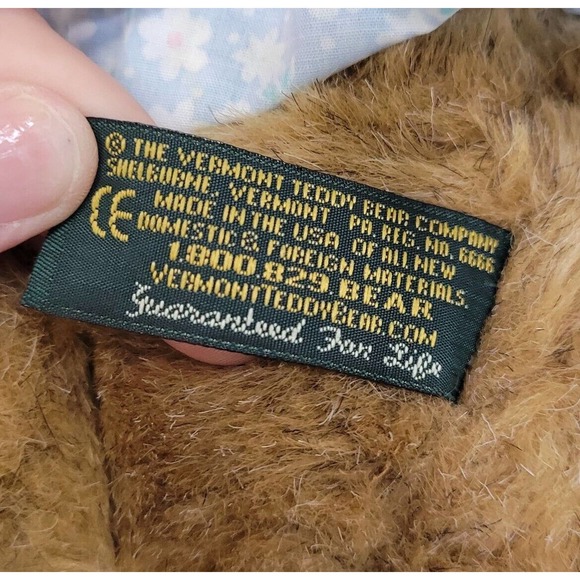 Vtg Vermont Teddy Bear Company Jointed Tan Light Brown Bear in Blue Floral Dress - Picture 8 of 9